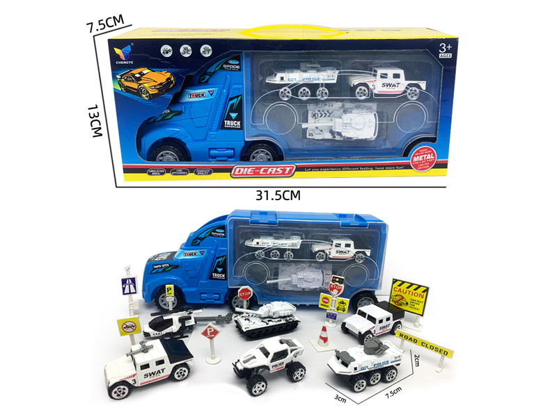 Friction Container Trailer+3 Alloy Special Police Vehicle With Road Signs