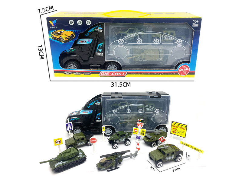 Friction Container Trailer+3 Alloy Military Vehicle With Road Signs