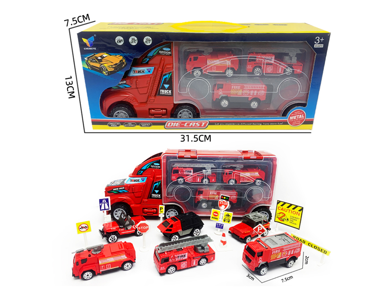Friction Container Trailer+3 Alloy Fire Truck With Road Signs