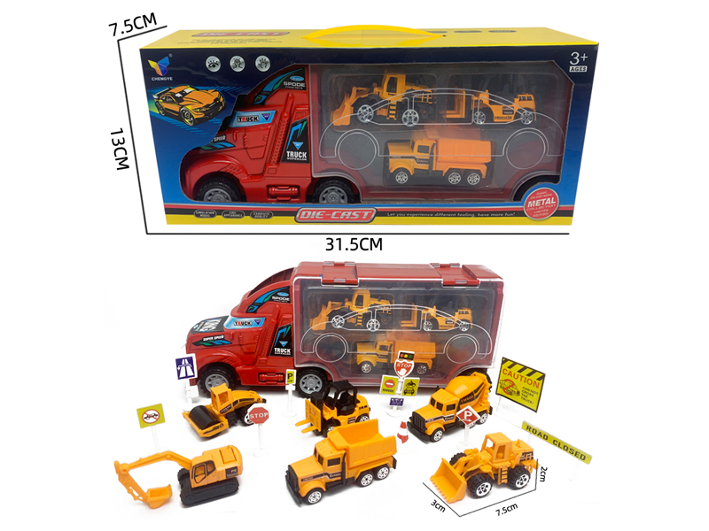 Friction Container Trailer+3 Alloy Engineering Vehicle With Road Signs