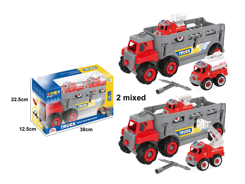 Diy Assembled Large Truck With 2 Fire Trucks