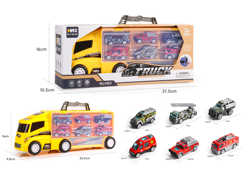 Slide Container Trailer With 3 Slide Alloy Fire Truck+3 Slide Alloy Military Vehicle