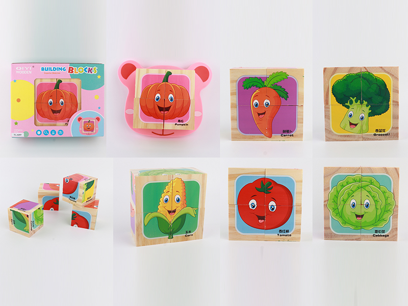 Wooden Vegetable Six Sided Puzzle Building Blocks