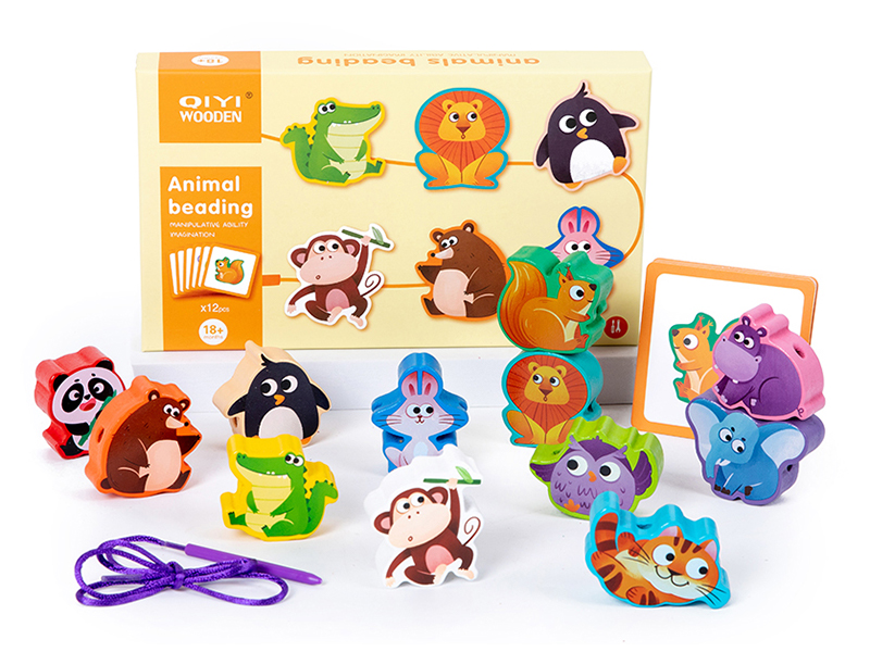 Wooden Animal Building Blocks Threading Ropes