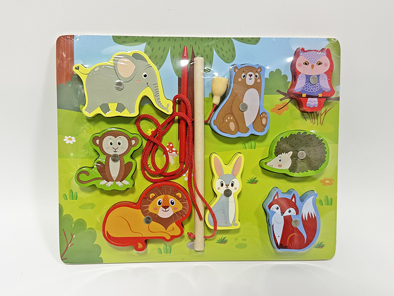 Wooden 3 In 1 Wild Animal Fishing Threading Puzzle Toys