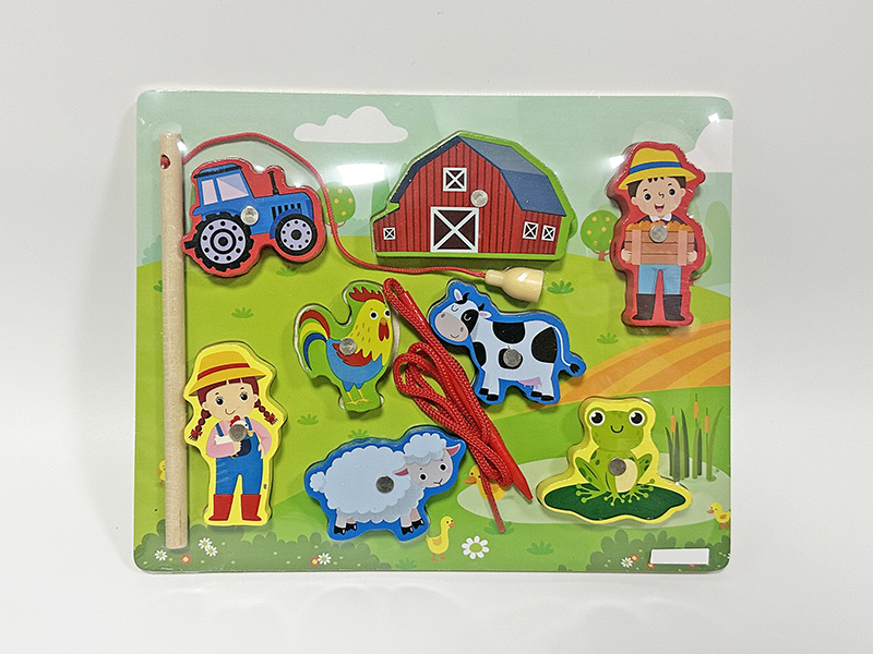 Wooden 3 In 1 Farm Animal Fishing Threading Puzzle Toys