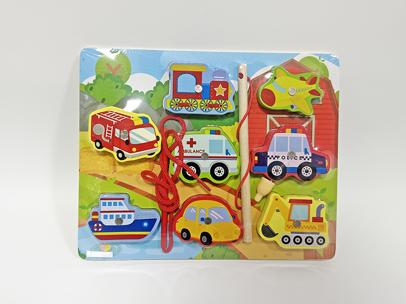 Wooden Vehicle Fishing Threading Puzzle Toys 3 In 1