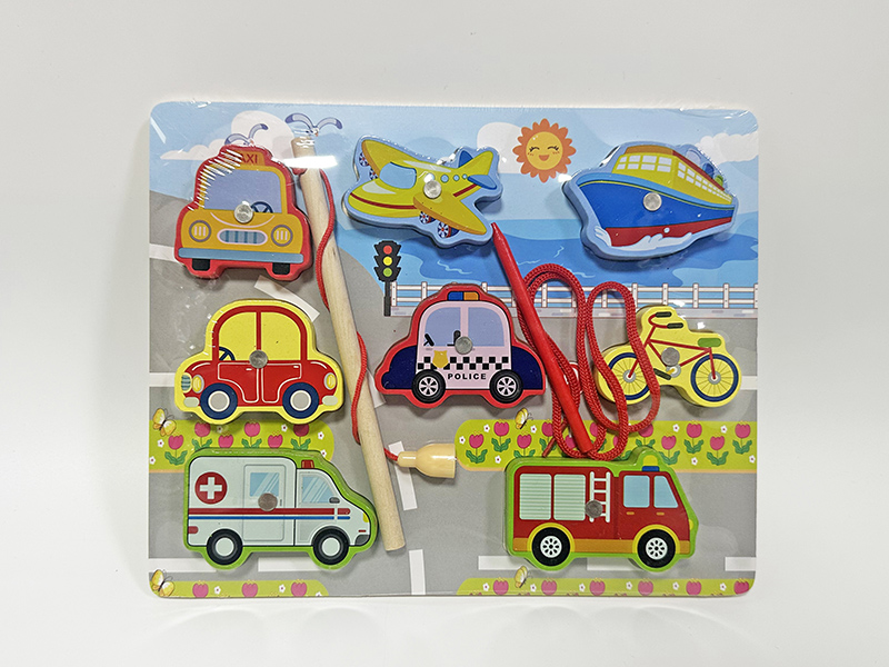 Wooden Vehicle Fishing Threading Puzzle Toys 3 In 1
