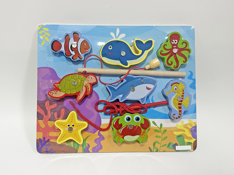 Wooden 3 In 1 Ocean Scene Puzzle Fishing Threading Toys