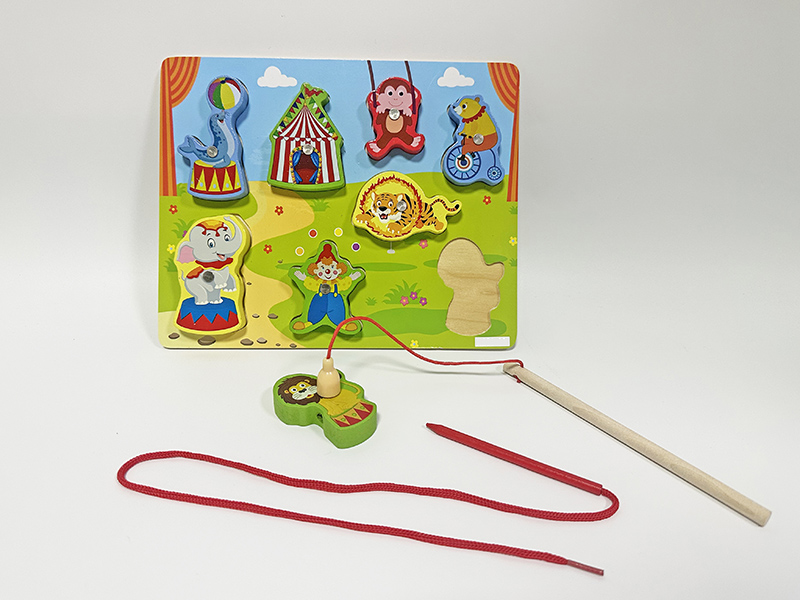 Wooden 3 In 1 Circus Scene Puzzle Fishing Threading Toys
