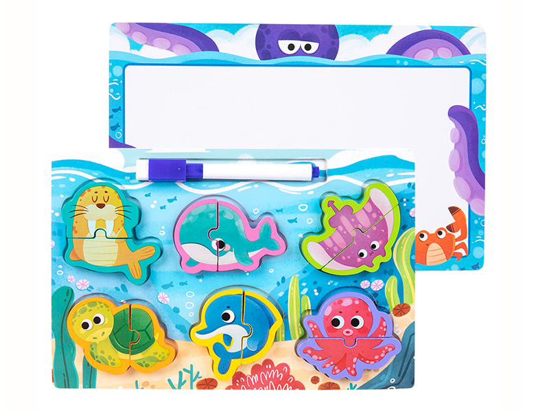 Wooden Ocean Animals Matching Puzzle Drawing Board 2 In 1