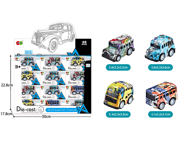 Mini Q Edition Graffiti Pull Back Alloy School Bus 48pcs