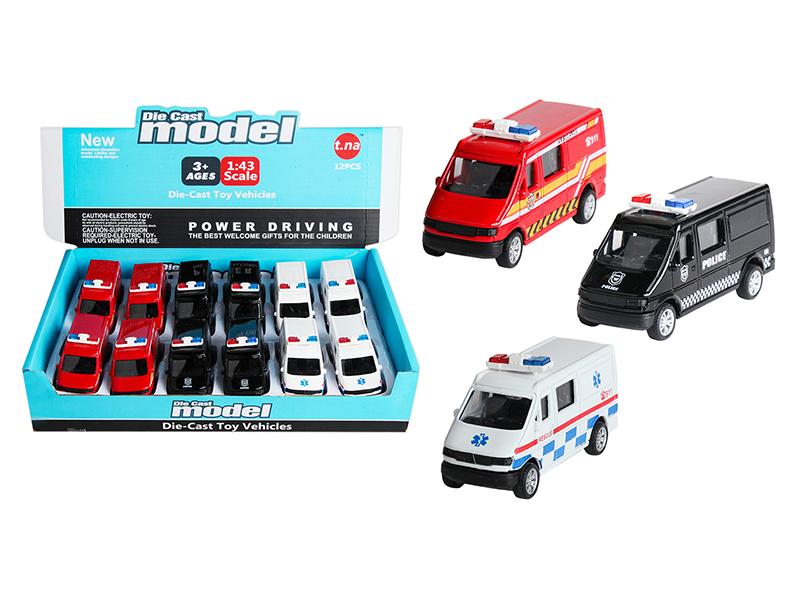 Alloy Pull Back Police Car/Ambulance/Fire Engine 12pcs
