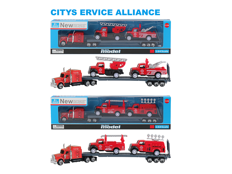 Alloy American Style Trailer With 2 Pull Back Fire Engine