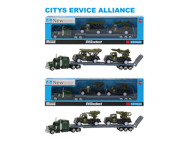 Alloy American Style Trailer With 2 Pull Back Military Trucks