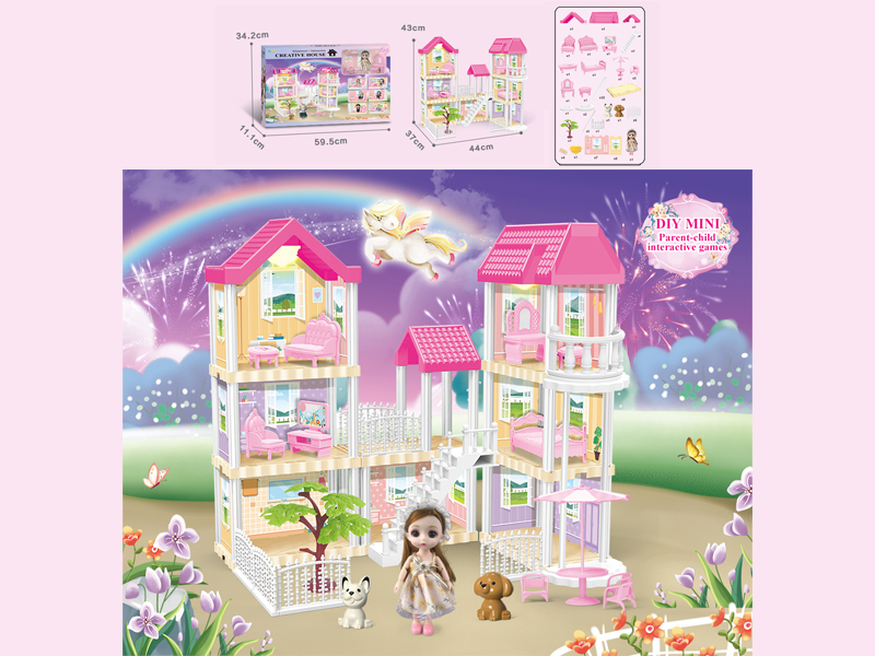 136PCS DIY Villa Toy With 6-Inch Doll With Double Light