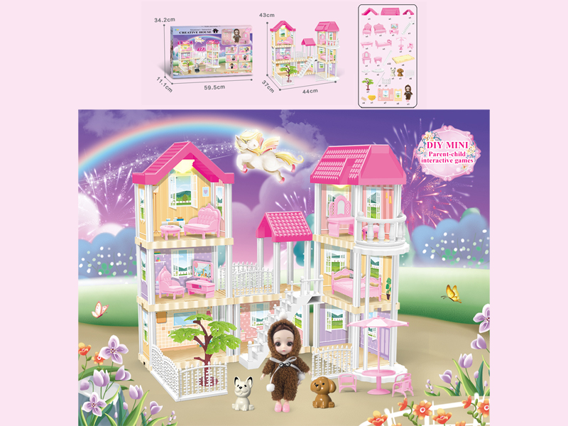136PCS DIY Villa Toy With 6-Inch Doll With Double Light