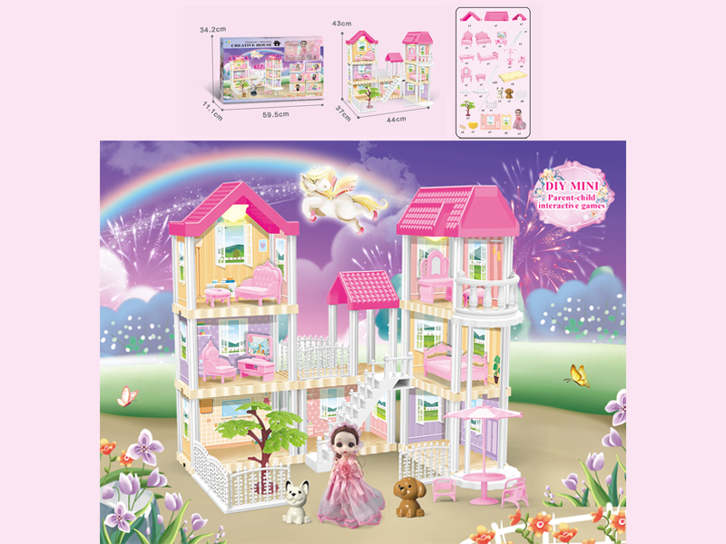 136PCS DIY Villa Toy With 6-Inch Doll With Double Light