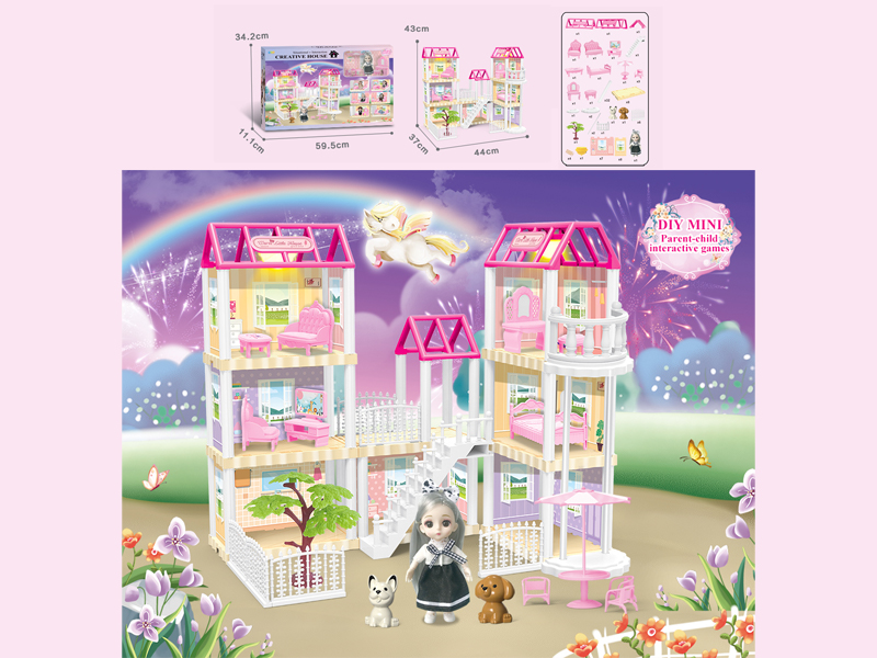 136PCS DIY Villa Toy With 6-Inch Doll With Double Light