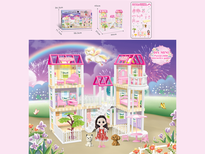 136PCS DIY Villa Toy With 6-Inch Doll With Double Light