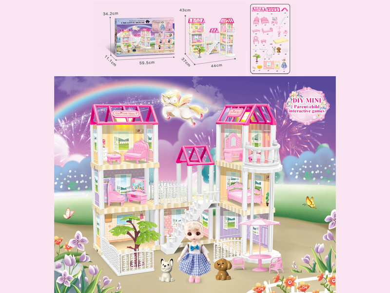 136PCS DIY Villa Toy With 6-Inch Doll With Double Light