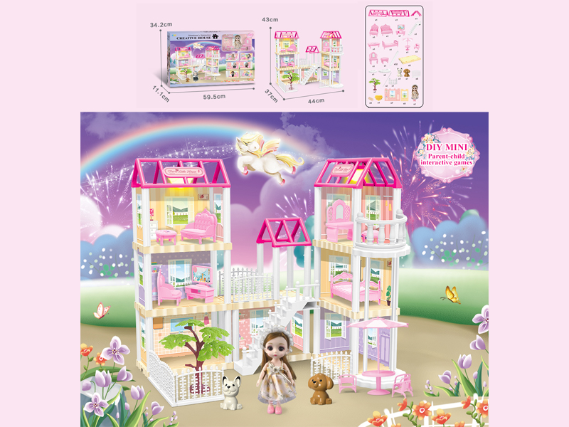 136PCS DIY Villa Toy With 6-Inch Doll With Double Light