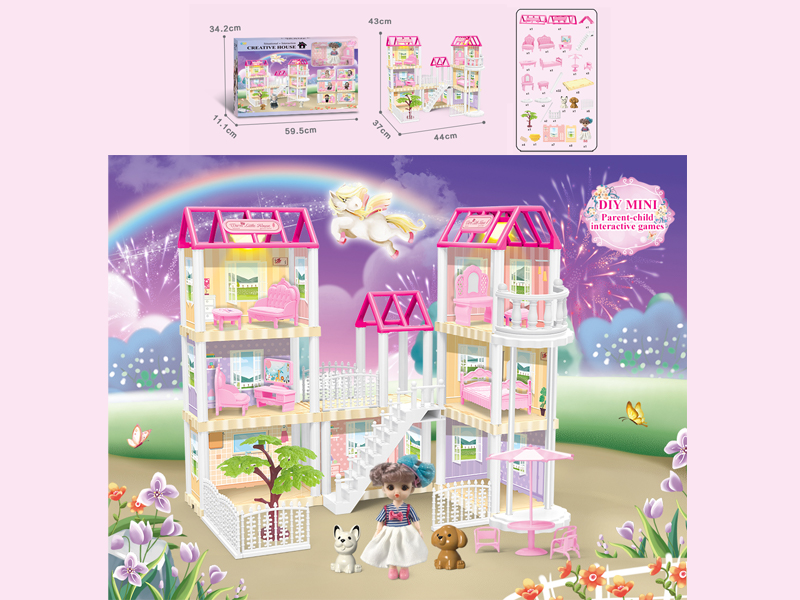 136PCS DIY Villa Toy With 6-Inch Doll With Double Light