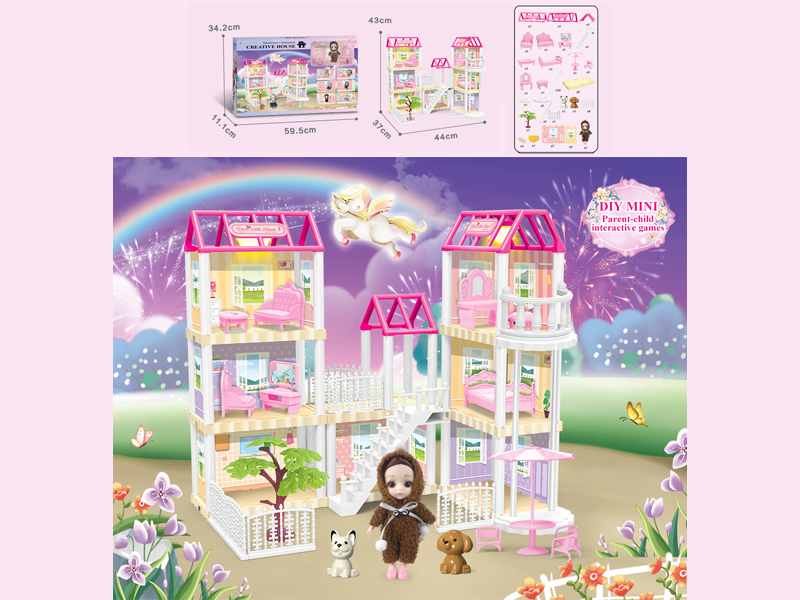 136PCS DIY Villa Toy With 6-Inch Doll With Double Light