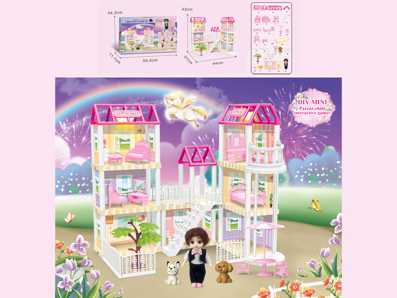 136PCS DIY Villa Toy With 6-Inch Doll With Double Light