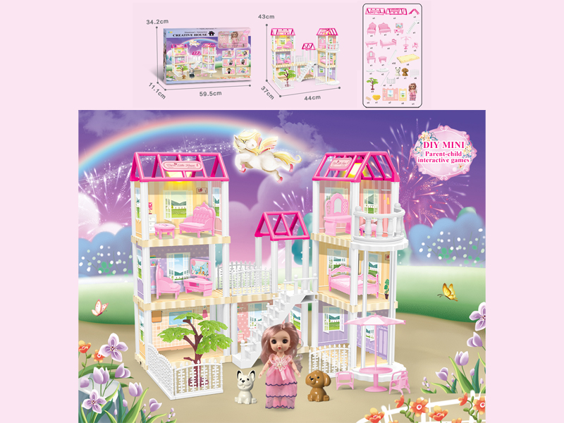 136PCS DIY Villa Toy With 6-Inch Doll With Double Light