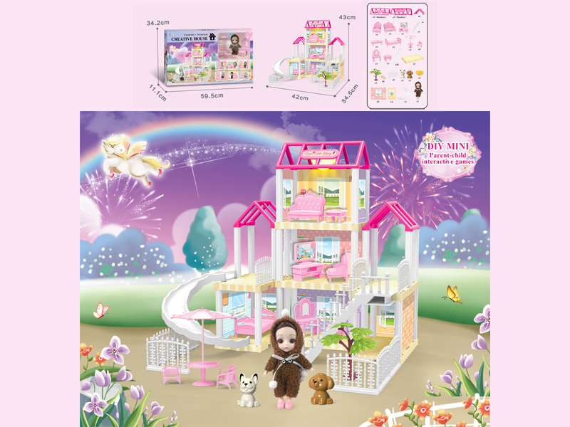 117PCS DIY Villa Toy With 6-Inch Doll With Light