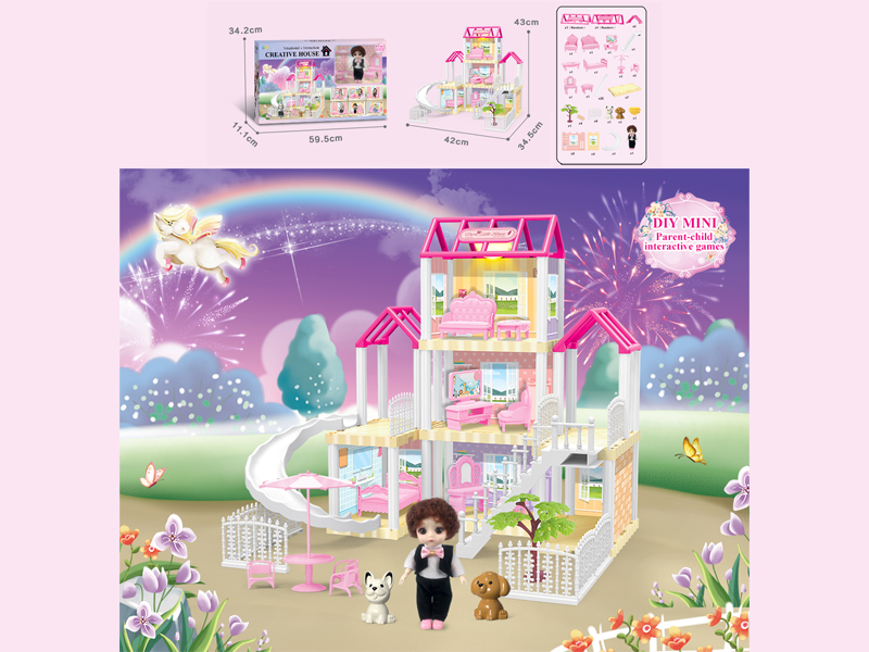 117PCS DIY Villa Toy With 6-Inch Doll With Light