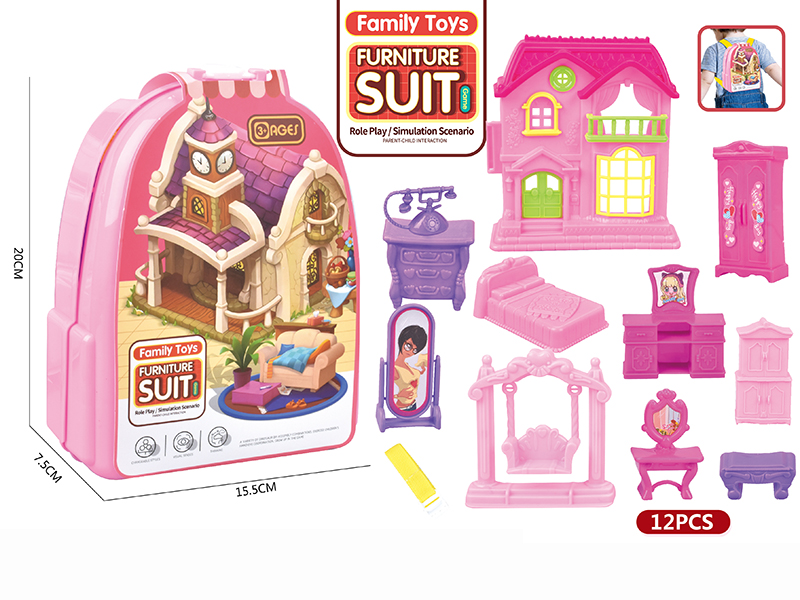 Pink Backpack Furniture Villa Toys Set 12pcs