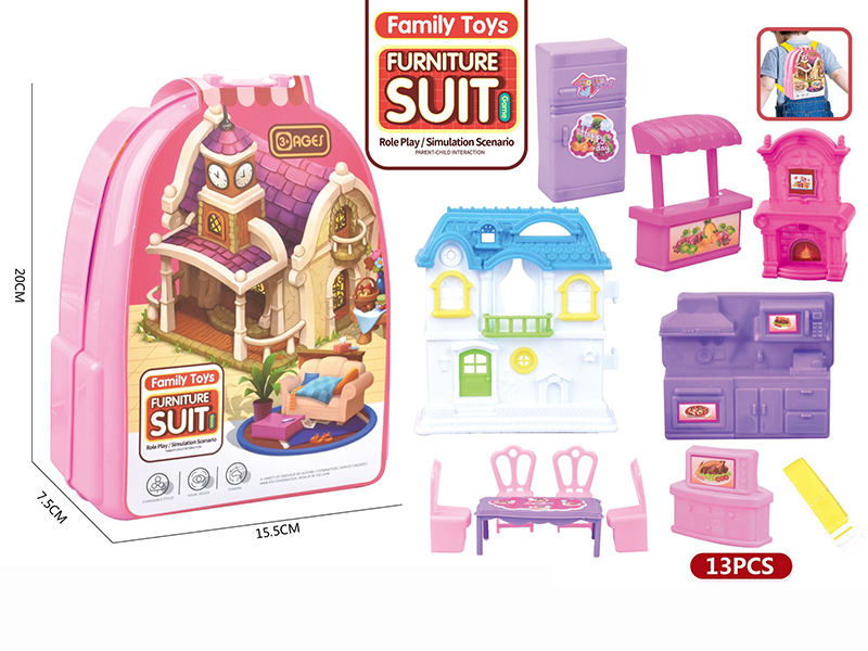 Pink Backpack Furniture Villa Toys Set 13pcs
