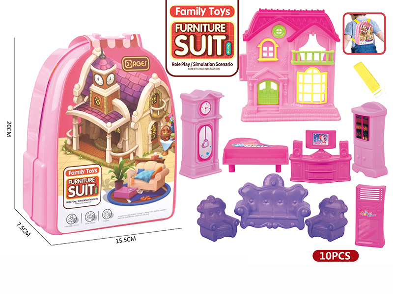 Pink Backpack Furniture Villa Toys Set 10pcs