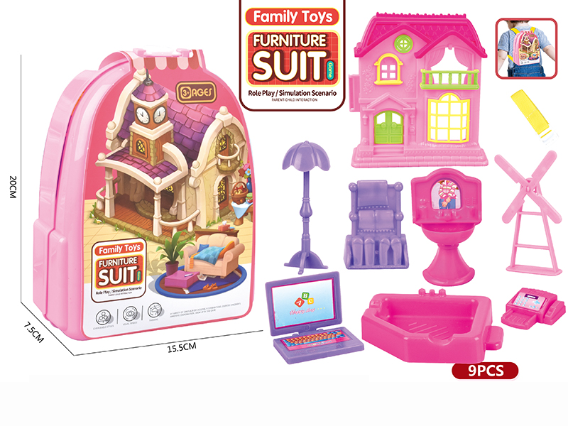 Pink Backpack Furniture Villa Toys Set 9pcs