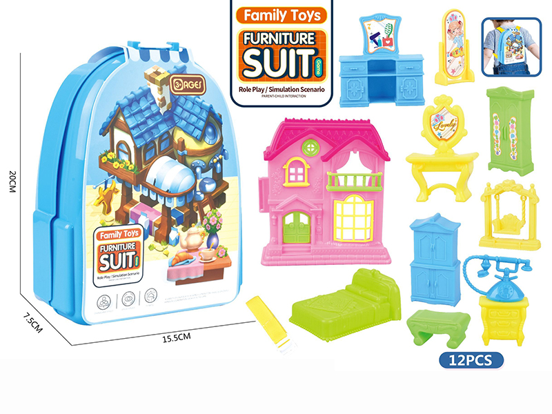 Blue Backpack Furniture Villa Toys Set 12pcs