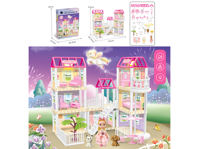 DIY Villa Toy With Elevator +4 Inch Doll +Dual Light