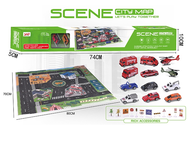 Slide Car Scene City Map Set(10 Cars 2 Planes ,With Road Signs)