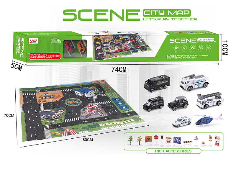 Scene City Map Alloy Cars Set(Police Series Alloy Cars + Helicopter,With Guidepost)