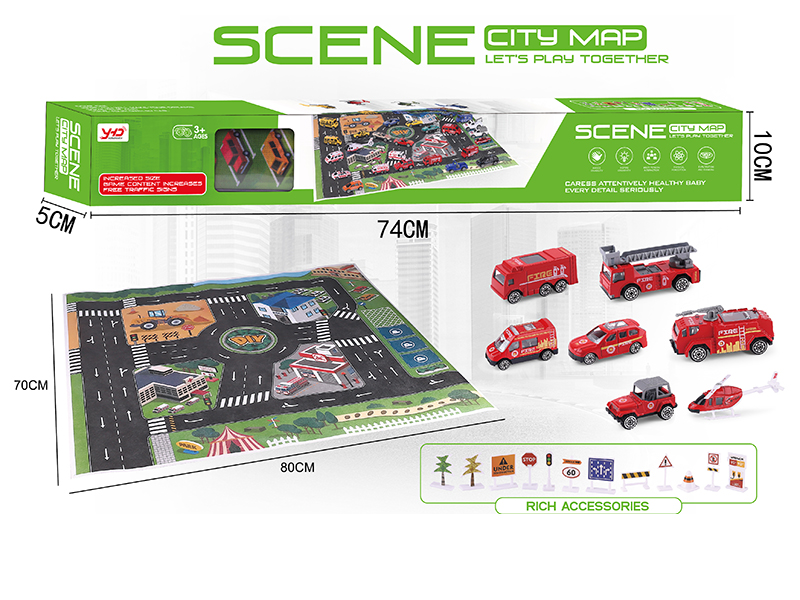 Scene City Map Alloy Cars Set(Fire Control Series Alloy Cars + Helicopter,With Guidepost)