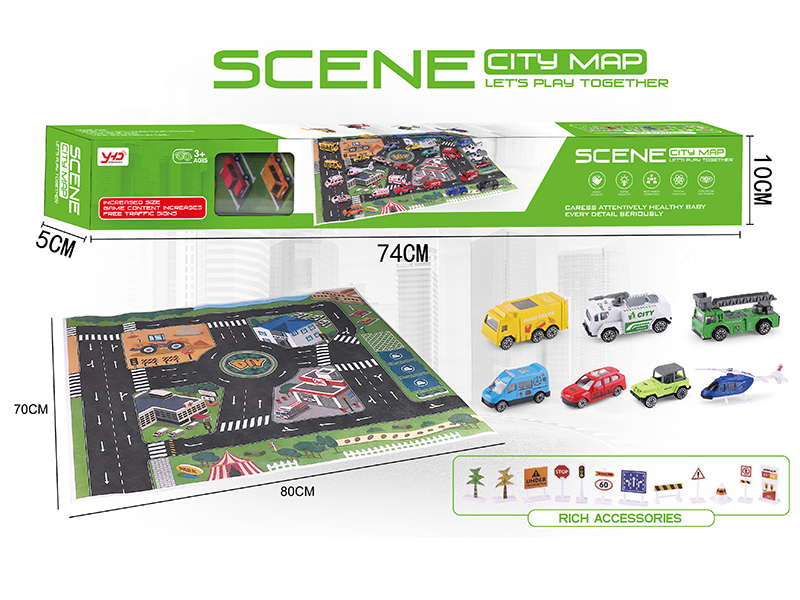 Scene City Map Alloy Cars Set(Police Series Alloy Cars + Helicopter,With Guidepost)