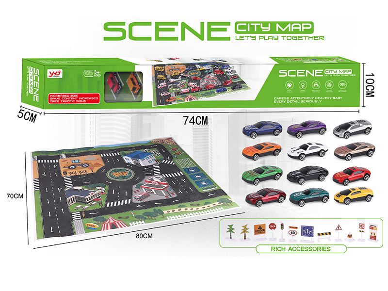 Scene City Map Alloy Cars Set(Alloy Race Cars 12pcs,With Guidepost)