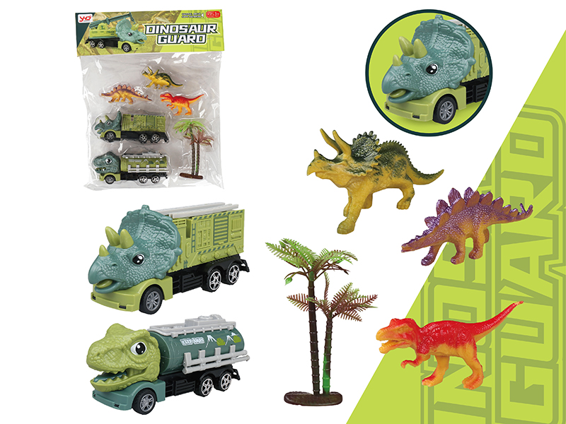 Friction Triceratops Fire Engine + Friction Tyrannosaurus Rex Oil Tank Truck + 3 Dinosaurs + 1 Tree