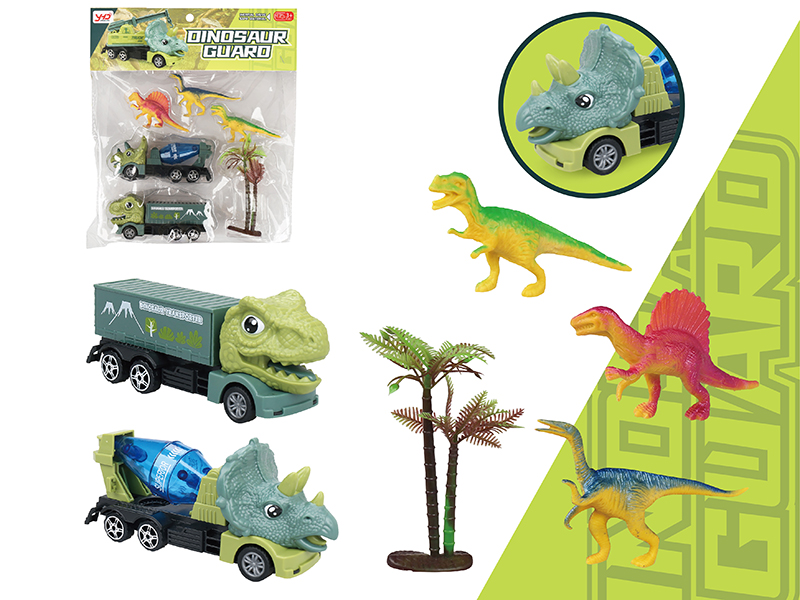 Friction Triceratops Cement Tank Engineering Truck + Friction Tyrannosaurus Rex Container Car + 3 Dinosaurs + 1 Tree