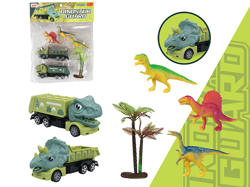 Friction Triceratops Dump Truck + Friction Tyrannosaurus Rex Garbage Truck + 3 Dinosaurs + 1 Tree