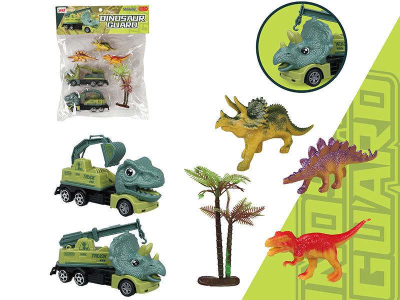 Friction Triceratops Crane + Friction Tyrannosaurus Rex Excavator + 3 Dinosaurs + 1 Tree
