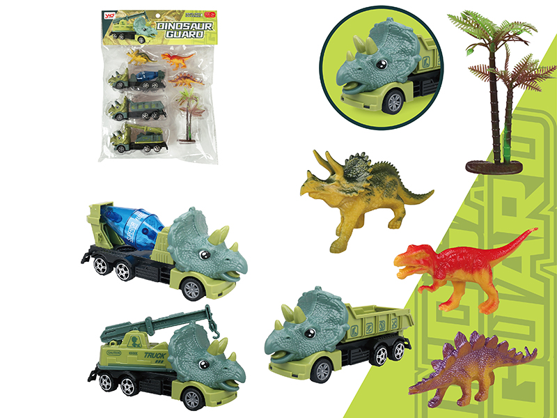 Friction Triceratops Cement Tank Engineering Truck + Friction Triceratops Dump Truck + Friction Triceratops Crane + 3 Dinosaurs + 1 Tree
