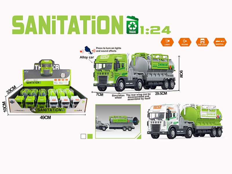 Friction Alloy Water Tank Sanitation Truck With Lights And Music 6PCS