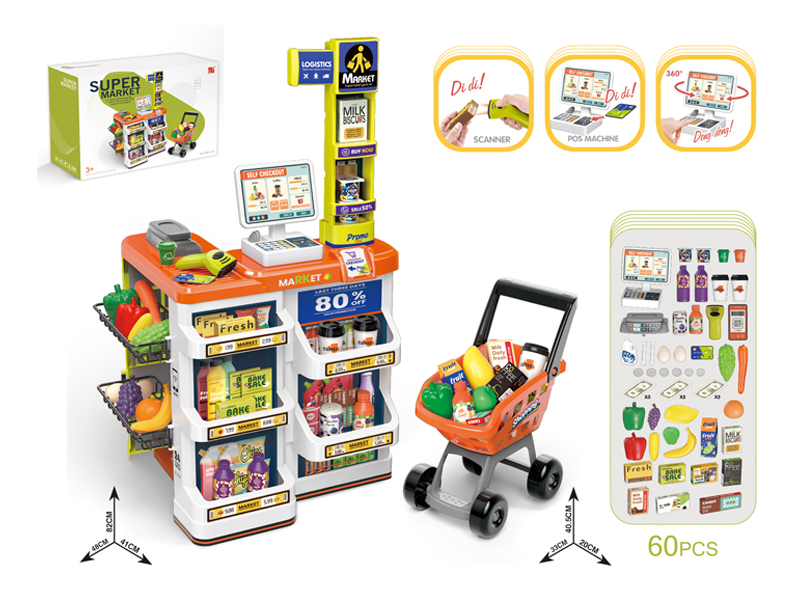60Pcs Supermarket Toy Set+Electric Scanner, Cash Register